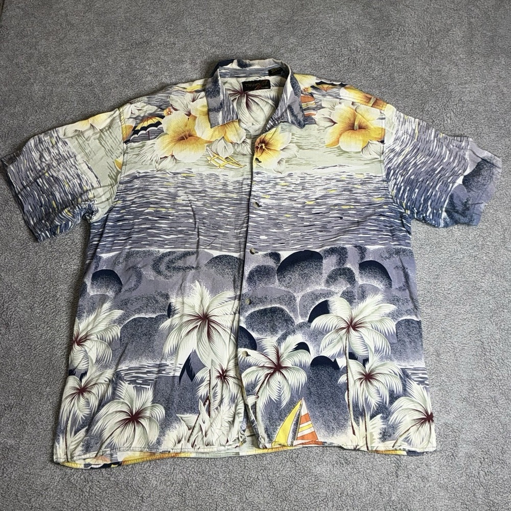Thums Up Hawaiian XL Shirt 100% Rayon Palm Trees Sail‎ Boats Vintage